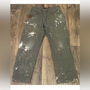 Mens wrangler olive green paint splattered workwear pants Sz 32 vintage